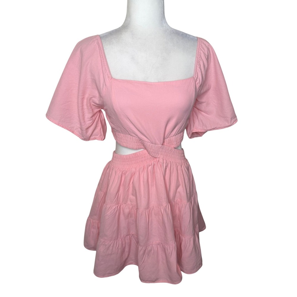 Senllen Pink Cutout Tiered Mini Dress Medium Cotton Summer Sun Dress Coquette